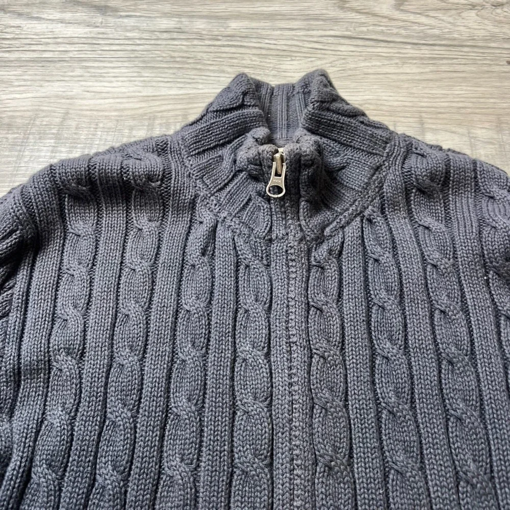 LL Bean Cardigan Sweater Girls M 10/12 Gray Cable Knit Full Zip Mock‎ Neck AE39